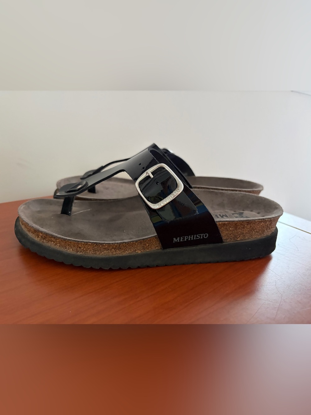 Mephisto Black Patent Cork Footbed Sandal with Silver Buckle